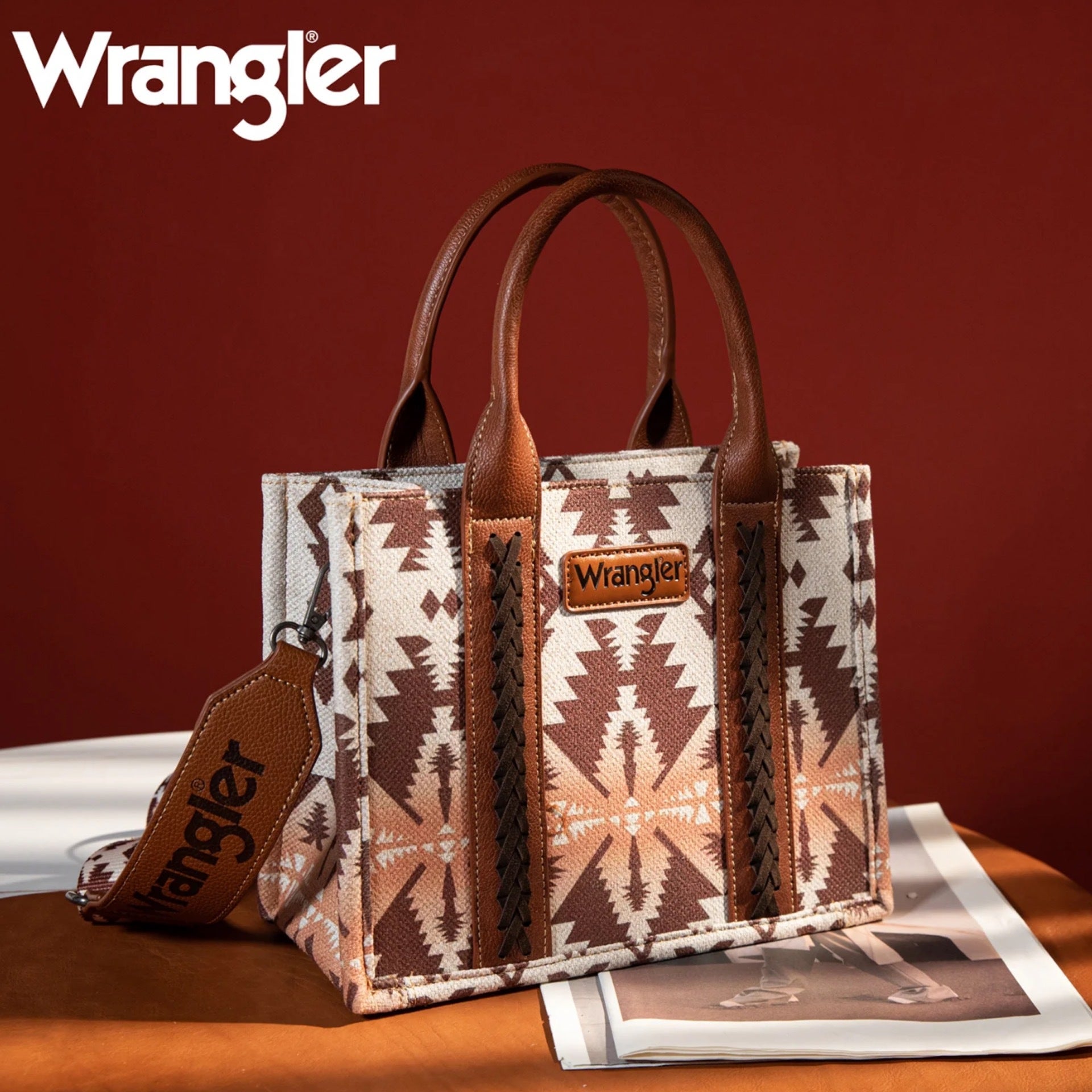 Wrangler Allover Aztec Dual Sided Print Crossbody Canvas Tote- Light ...